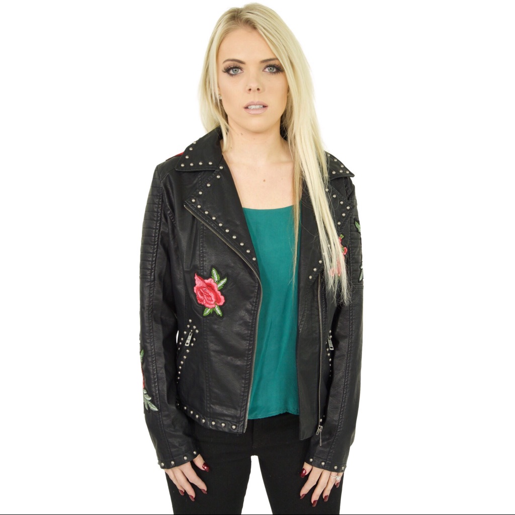 Studded Black Faux Leather Moto Jacket With Rose Embroidery